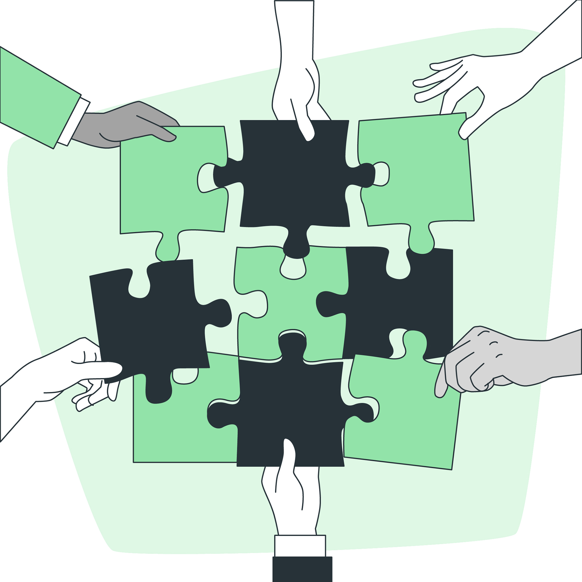 hands assembling puzzle